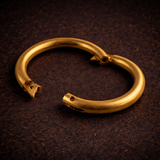 Solid brass bull ring bracelet shown in an open position, product photo on a dark background