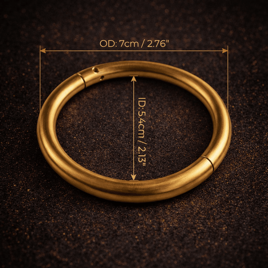 Solid brass bull ring bracelet size and specifications chart, showing outer diameter, inner diameter and weight